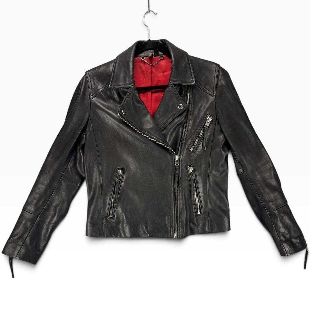 Topshop Womens Leather Moto Jacket US 8 Black Biker Red Lined Cropped Zip Bold